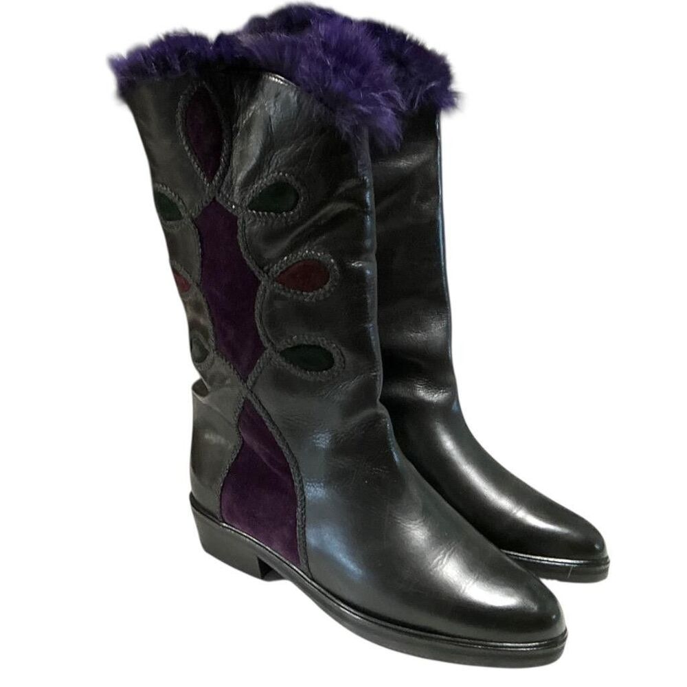 Emmedieci Boots Womens 9 40 Black Leather Suede Purple Fur Trim Wool VTG 90s